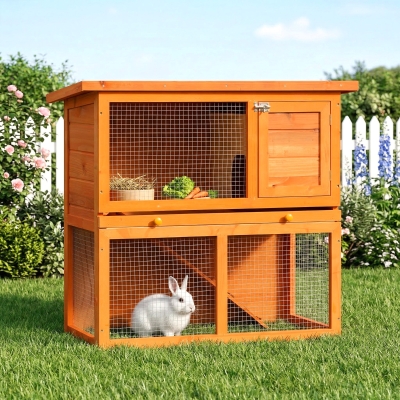 PawHut Wooden Rabbit Hutch, Indoor Outdoor Bunny Cage with Run, 2- Level Guinea Pig House with Slide-Out Tray, Waterproof Roof, Yellow
