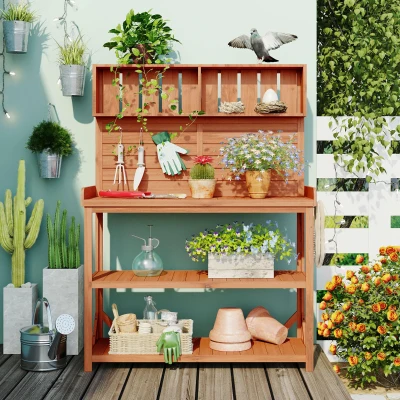 Rustic Wooden Potting Bench with 4 Storage Shelf & Side Hook, 47'' L x 19.5'' W x 65'' H, Natural