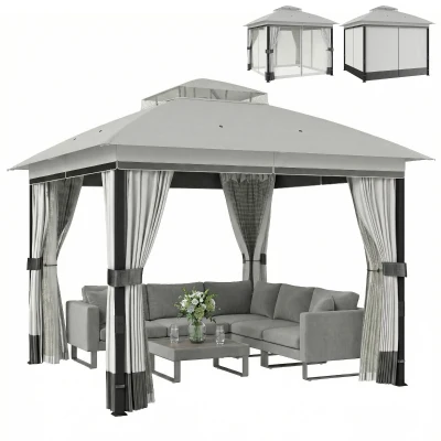 Outsunny 10' x 10' Patio Gazebo, UPF50+ Double Roof Outdoor Gazebo Canopy with Netting and Curtains, Steel Frame, Light Grey