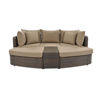 Round Patio Sofa Set with All-Weather Wicker & Thick Cushions, 87" L x 61" W x 33.5" H, Brown