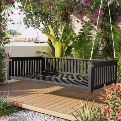 Twin Size Acacia Wood Porch Swing with Ropes for Patio & Garden, 79'' L x 41.5'' W x 21'' H, Black