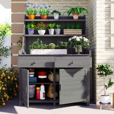 Fir Wood Potting Bench with Drawer & Cabinet for Garden, 47'' L x 23'' W x 65'' H, Gray