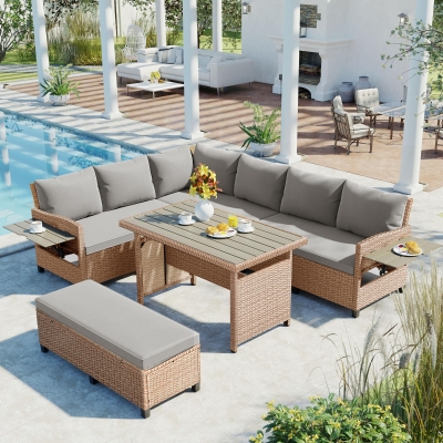 5-Piece Rattan Patio Sofa with Extendable Side Table & Dining Table, 47" L x 27.5" W x 27.5" H, Brown