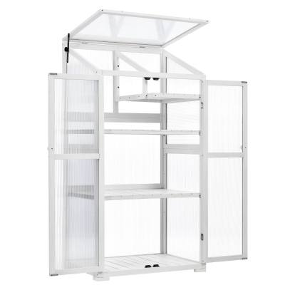 Portable Wood Greenhouse with Openable Roof & 3-Tier Shelf, 31.5'' L x 22.5'' W x 62'' H, White