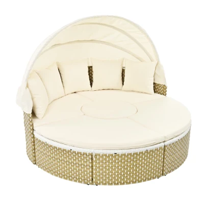 Round Rattan Patio Daybed with Retractable Canopy and Table, 66.5" L x 65" W x 53.5" H, Beige