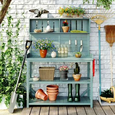 Outdoor Potting Bench with 4 Storage Shelf & Side Hook, 47'' L x 19.5'' W x 65'' H, Green