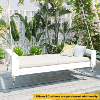 Twin Porch Swing Bed with Acacia Wood Frame & Hemp Ropes, 86'' L x 41.5'' W x 17.5'' H, White