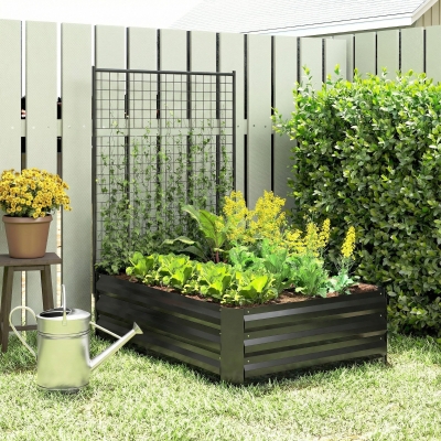 Outsunny Galvanized Raised Garden Bed with Trellis for Climbing Plants, Outdoor Planter Box with Open Bottom, Black