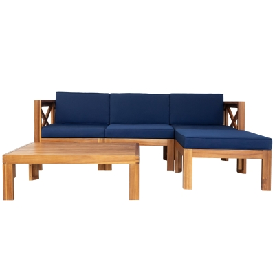 Casual Outdoor Sectional Sofa with Wood Frame & Cushions, 25.5" L x 25.5" W x 25.5" H, Natural