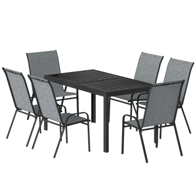 Outsunny Outdoor Dining Set for 6, Faux Wood Metal Patio Table and Mesh Stackable Chairs with Umbrella Hole, Mixed Grey