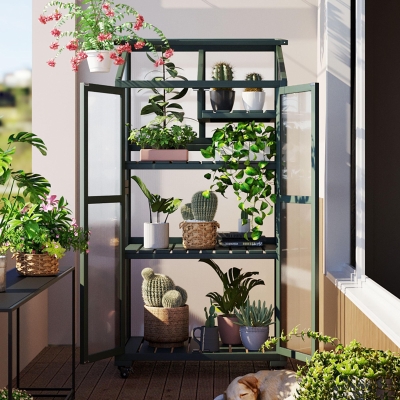 Portable Wood Greenhouse with Wheels & 3-Tier Shelf, 31.5'' L x 22.5'' W x 62'' H, Green