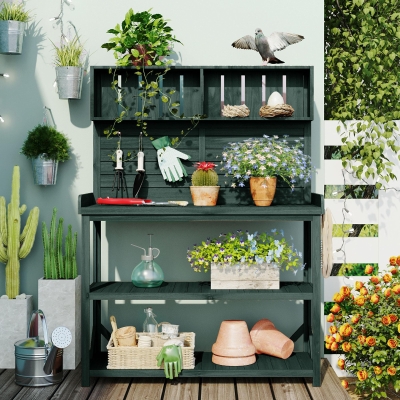 Outdoor Potting Bench with 4 Shelf & Side Hook for Patio, 47'' L x 19.5'' W x 65'' H, Green