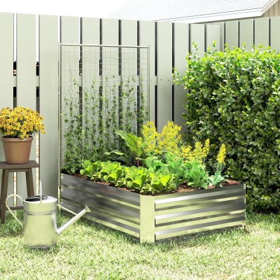 Outsunny Galvanized Raised Garden Bed with Trellis for Climbing Plants, Outdoor Planter Box with Open Bottom, Silver