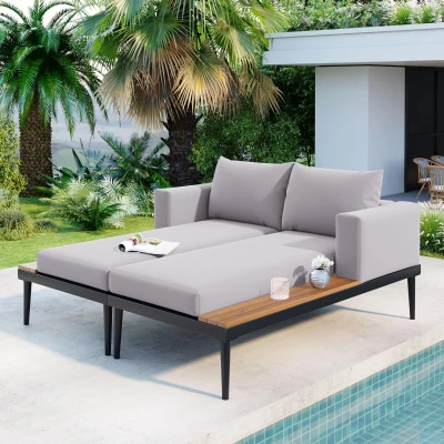 2 In 1 Outdoor Daybed with Wood Side Table for Patio, 59" L x 55" W x 21" H, Gray