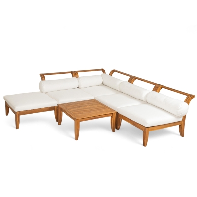6 Piece Patio Sofa Set with Tea Table & Ottoman for Garden, 30" L x 27.5" W x 16" H, Teak+Beige