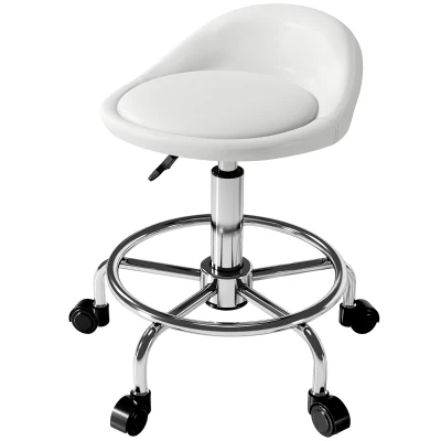 HOMCOM PU Leather Rolling Stool, Height Adjustable Swivel Salon Chair with Backrest and Foot Rest for Spa, Tattoo, White