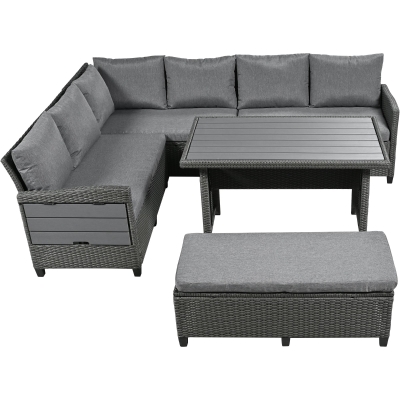 5-Piece Rattan Patio Sofa with Extendable Side Table & Dining Table, 47" L x 27.5" W x 27.5" H, Gray