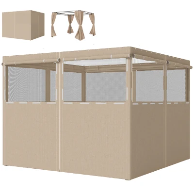 Outsunny Gazebo Curtains, 10' x 10' Universal Replacement Privacy Curtain, 4-Panels Sidewall with Roll up Mesh Windows, Khaki