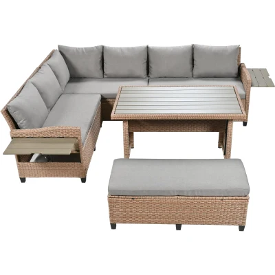 5-Piece Rattan Patio Sofa with Extendable Side Table & Dining Table, 47" L x 27.5" W x 27.5" H, Brown