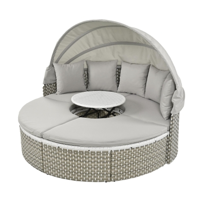 Round Rattan Patio Daybed with Retractable Canopy and Table, 66.5" L x 65" W x 53.5" H, Gray