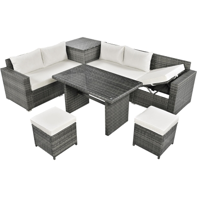 6-Piece Patio Rattan Set with Adjustable Lounger & Storage Box, 75.5" L x 27.5" W x 28.5" H, Beige