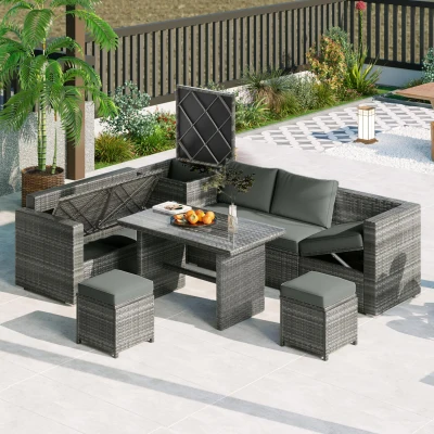6-Piece Patio Rattan Set with Adjustable Lounger & Storage Box, 75.5" L x 27.5" W x 28.5" H, Grey