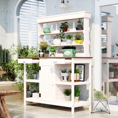 Large Wooden Potting Bench with 2 Drawer, Cabinet, Open Shelf, 50'' L x 19.5'' W x 66'' H, White