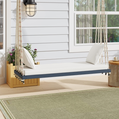 Acacia Wood Porch Swing with Cushion & 2 Pillow for Garden, 63" L x 23.5" W x 2" H, Gray