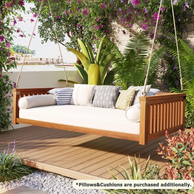 Minimalist Twin Swing Bed with Ropes for Patio & Backyard, 79" L x 41.5" W x 21" H, Teak