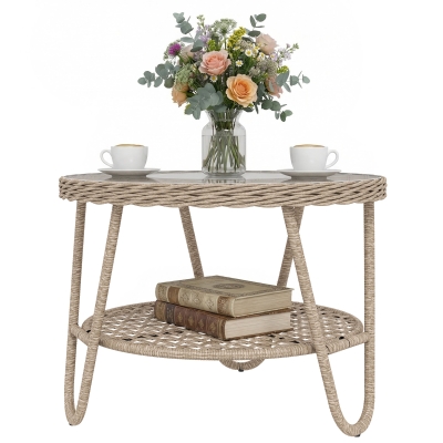 Outsunny Rattan Outdoor Coffee Table, 2-Tier Small Garden Side Table with Storage Shelf, Tempered Glass Top, Adjustable Footpads