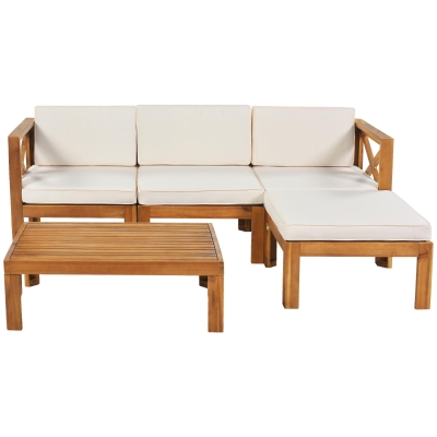 Casual Outdoor Sectional Sofa with Wood Frame & Cushions, 25.5" L x 25.5" W x 25.5" H, Beige