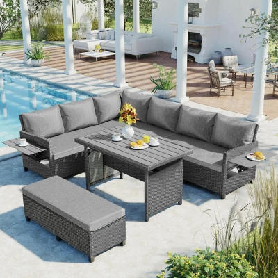 5-Piece Rattan Patio Sofa with Extendable Side Table & Dining Table, 47" L x 27.5" W x 27.5" H, Gray