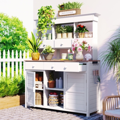 Garden Potting Bench with Hutch, 6 Drawer & 2 Cabinet, 50'' L x 20.5'' W x 65.5'' H, White