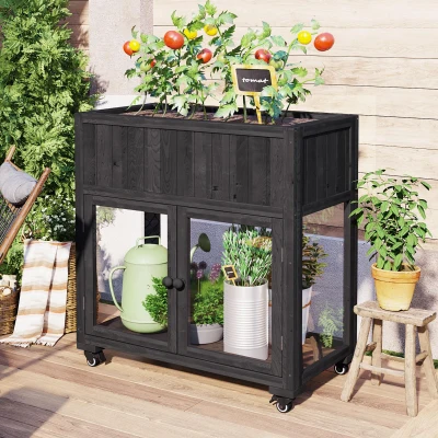 Mini Wood Cold Frame Greenhouse with Wheels for Patio, 35.5" L x 17.5" W x 37.5" H, Black