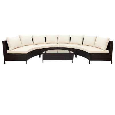 Elegant Sectional Sofa with All-Weather Wicker & Tempered Glass Table, 47.5" L x 27" W x 27" H, Beige