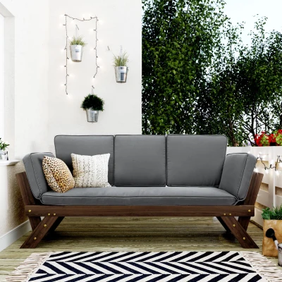 Expandable Acacia Wood Daybed with Cushions, 78.5" L x 21.5" W x 32" H, Gray