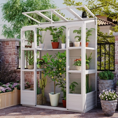 Walk-In Greenhouse with 4 Skylight & 2 Folding Shelf, 58'' L x 29'' W x 78'' H, White