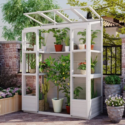 Walk-In Greenhouse with 4 Skylight & 2 Folding Shelf, 58'' L x 29'' W x 78'' H, White
