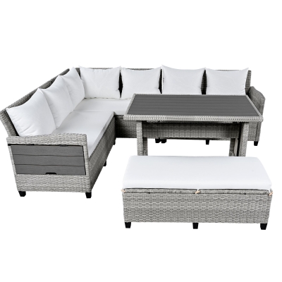 5-Piece Rattan Patio Sofa with Extendable Side Table & Dining Table, 47" L x 27.5" W x 27.5" H, White