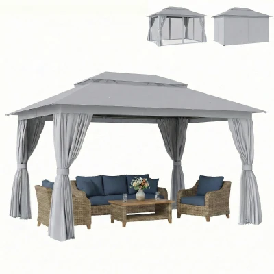 Outsunny 10' x 13' Patio Gazebo, UPF50+ Double Roof Outdoor Gazebo Canopy with Netting and Curtains, Steel Frame, Dark Grey