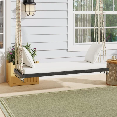 Acacia Wood Porch Swing with 10.8FT Hemp Rope for Adults, 63" L x 23.5" W x 2" H, Brown