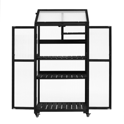 Portable Wood Greenhouse with Wheels & 3-Tier Shelf, 31.5'' L x 22.5'' W x 62'' H, Black