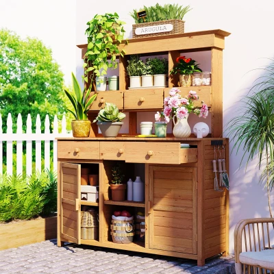 Tall Potting Bench with 3 Shelves, 6 Drawers, Hutch and Cabinet, 50'' L x 20.5'' W x 65.5'' H, Natural