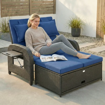 Outsunny Rattan Outdoor Daybed w/ Storage Ottoman, Navy Blue