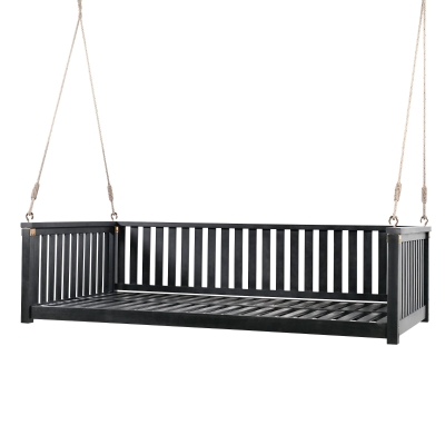 Twin Size Acacia Wood Porch Swing with Ropes for Patio & Garden, 79'' L x 41.5'' W x 21'' H, Black