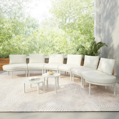 8-Piece Half Moon Patio Sectional with 2 Coffee Table & Cushion, 34.5'' L x 25.5'' W x 12.5'' H, Beige