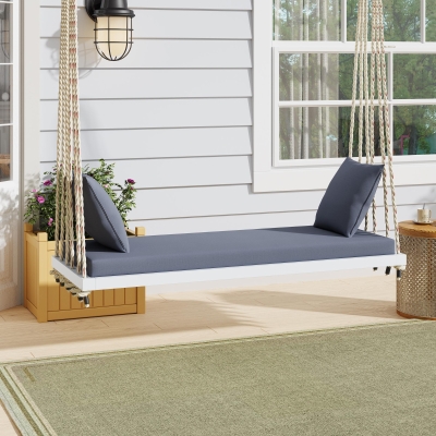 Patio Wooden Swing Chair with 10.8FT Hemp Rop, 63'' L x 23.5 W x 2'' H, White