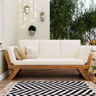 Expandable Acacia Wood Daybed with Cushions, 78.5" L x 21.5" W x 32" H, Natural+Beige