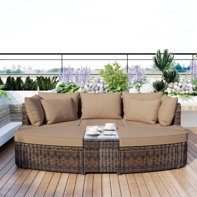 Round Patio Sofa Set with All-Weather Wicker & Thick Cushions, 87" L x 61" W x 33.5" H, Brown