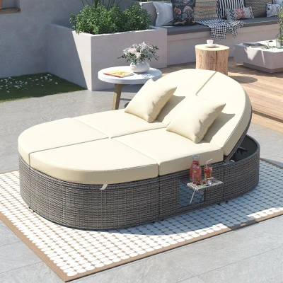 2-Person Patio Daybed with Adjustable Backrest & Cup Tray, 78.5'' L x 55.5'' W x 16.5'' H, Beige